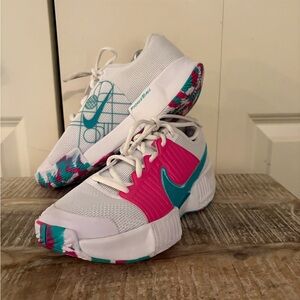 Nike Zoom Challenge Pickleball White and Pink with Teal Athletic Shoes